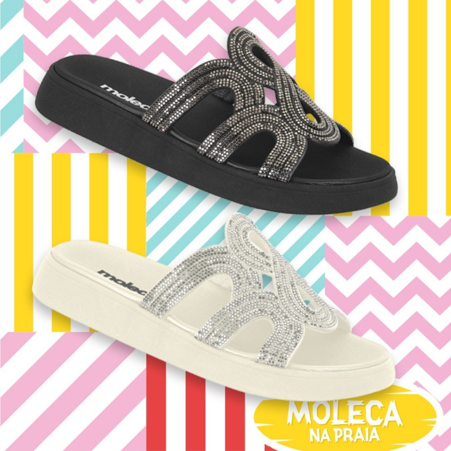 Tamanco Papete Feminina Confortável Moleca Flatform Slide com Cabedal em Strass Lançamento de Verão