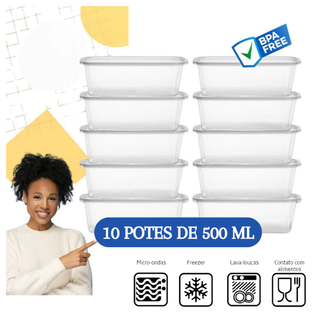 Kit 10 Potes Transparentes 500ml Reutilizável Com Tampa Marmita Fitness Organizador Alimentos Freezer Microondas Organização e Praticidade Para Sua Cozinha