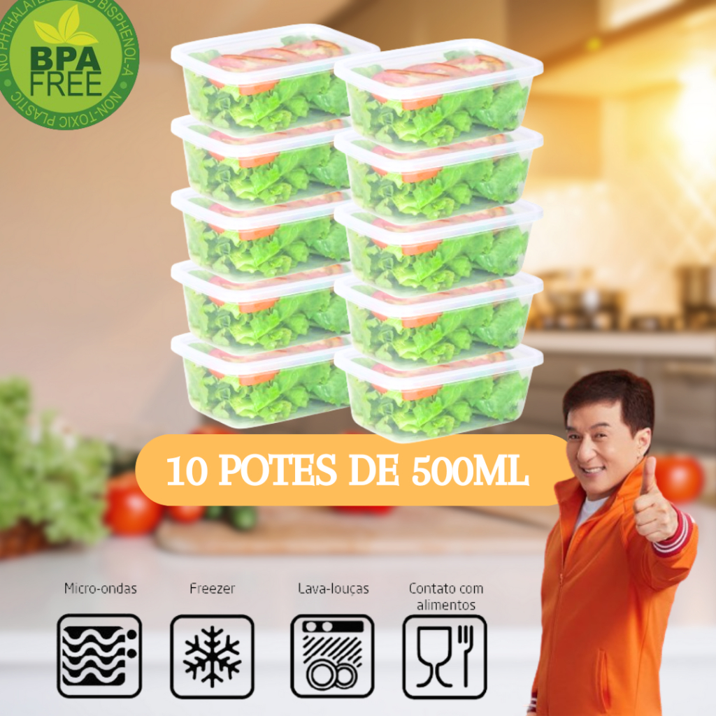 Kit 10 Potes Transparentes 500ml Marmita Fitness Com Tampa Organizador Reutilizável de Alimentos Freezer e Microondas