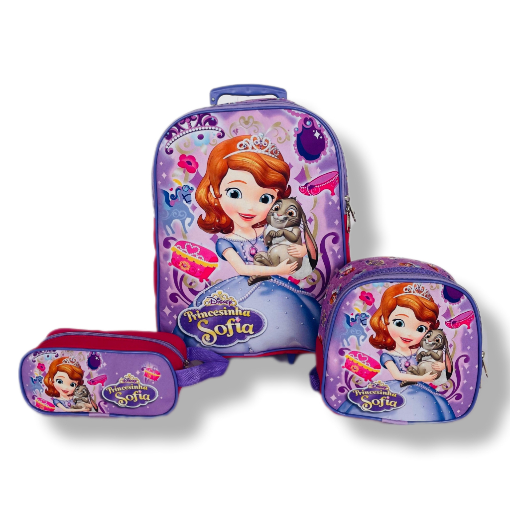Kit Mochila Infantil Escolar de Rodinha Princesa Sofia M ou G + Lancheira + Porta Lápis