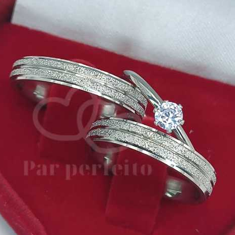 Par de Aliança de Namoro Compromisso Casamento Prata Brilhante Diamantada Finas 4mm + Anel Solitário em Oferta na Shopee