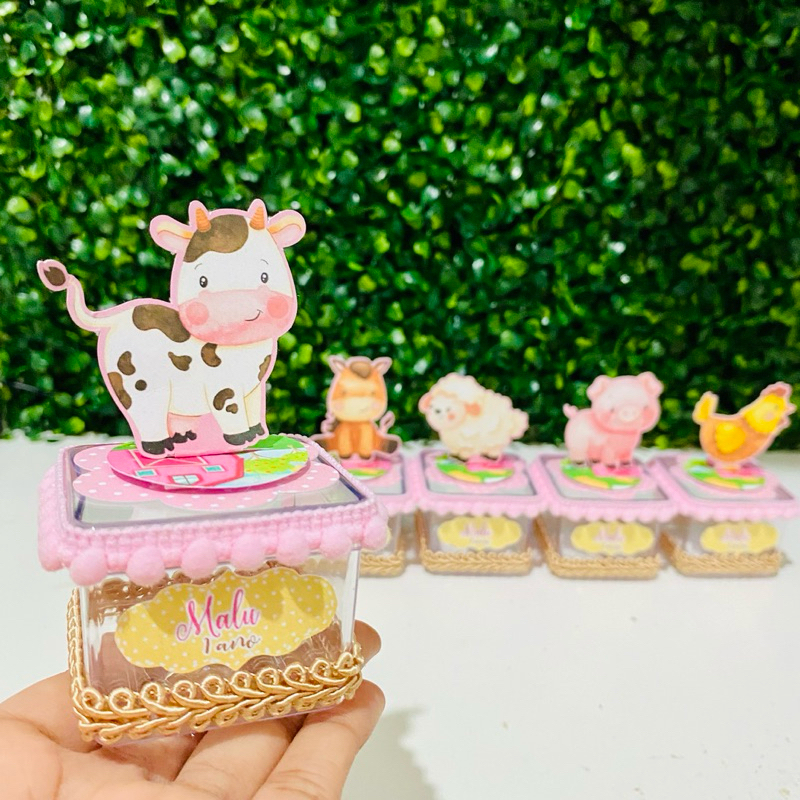 Kit 10 Caixas Acrílica 5x5 Fazendinha Rosa Lembrancinha Personalizada Luxo | Festa Infantil