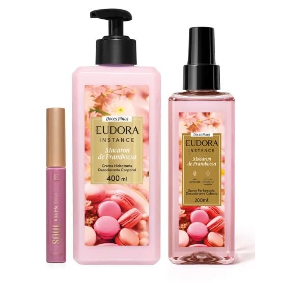 Combo Macaron de Framboesa: Spray Perfumado 200ml + Creme Hidratante 400ml + Gloss 5,2ml