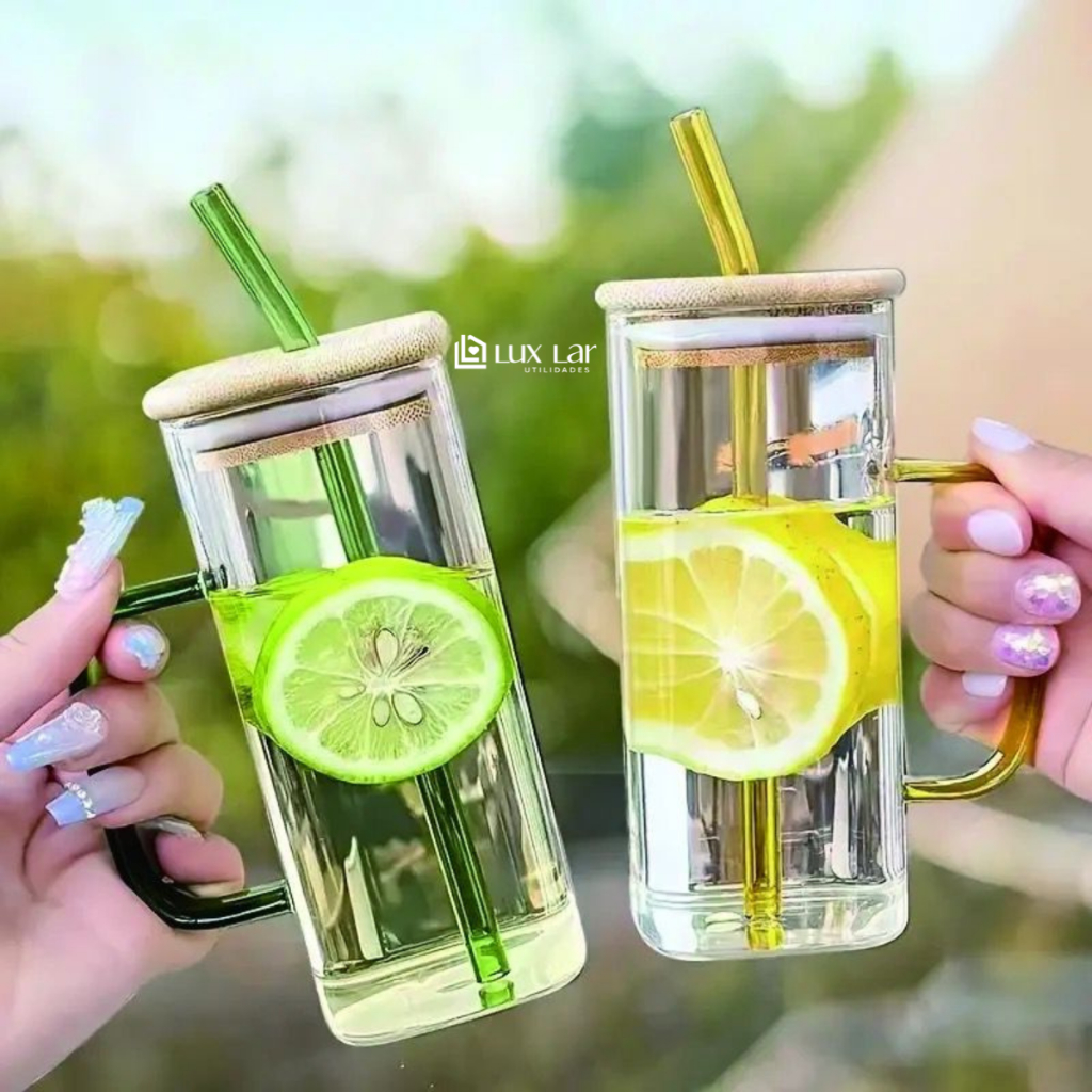Copo de Vidro com Canudo tampa de Bambu Hermético 350ml Resistente em Oferta na Shopee
