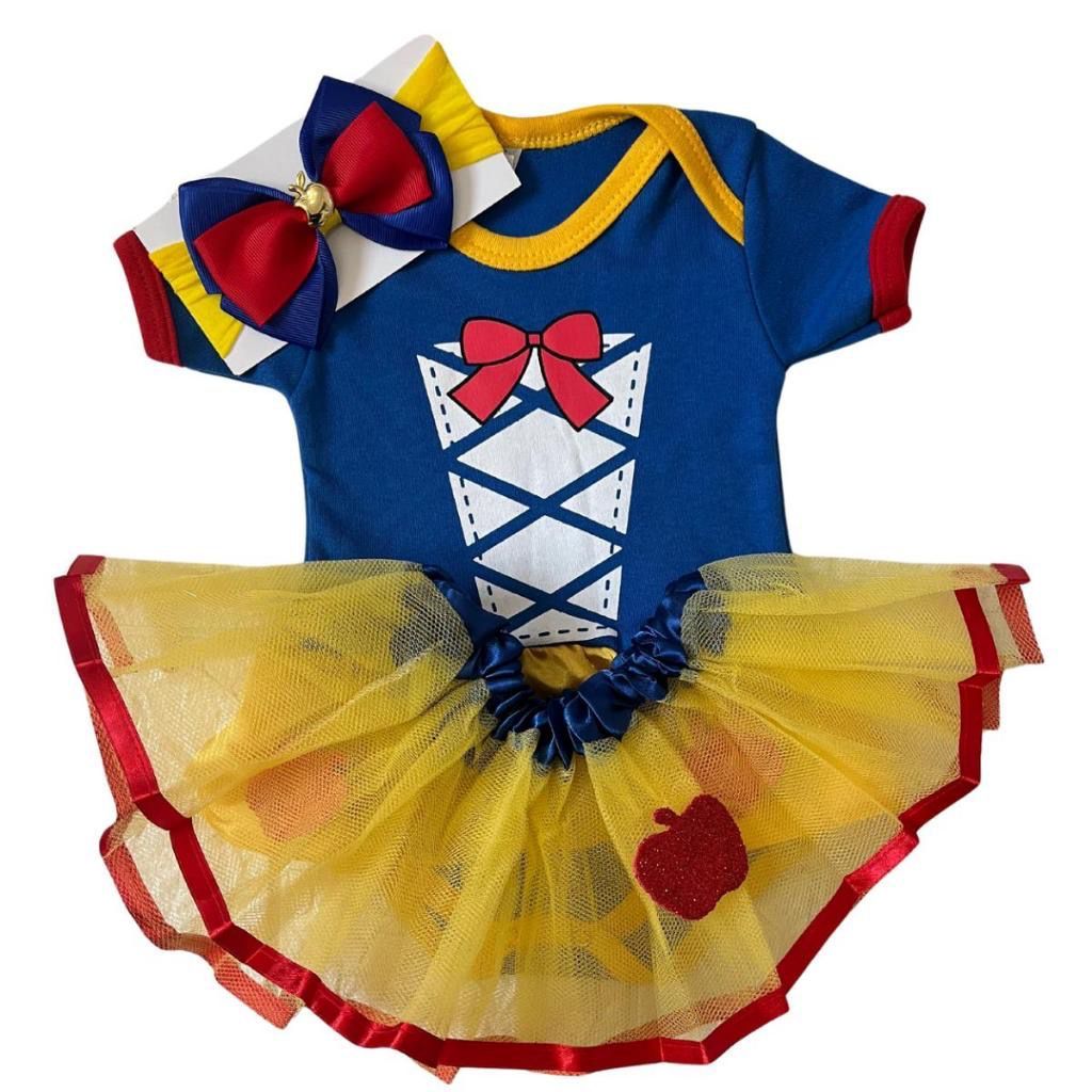 Body bebê temático branca de neve mesvesário infantil+laço+Tule+capa menina