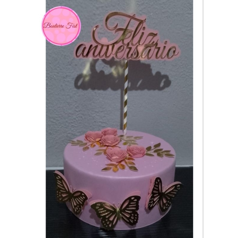 Topper de bolo / Topo de bolo Feliz Aniversário 2D / Rosas de papel / Topo de bolo rosas