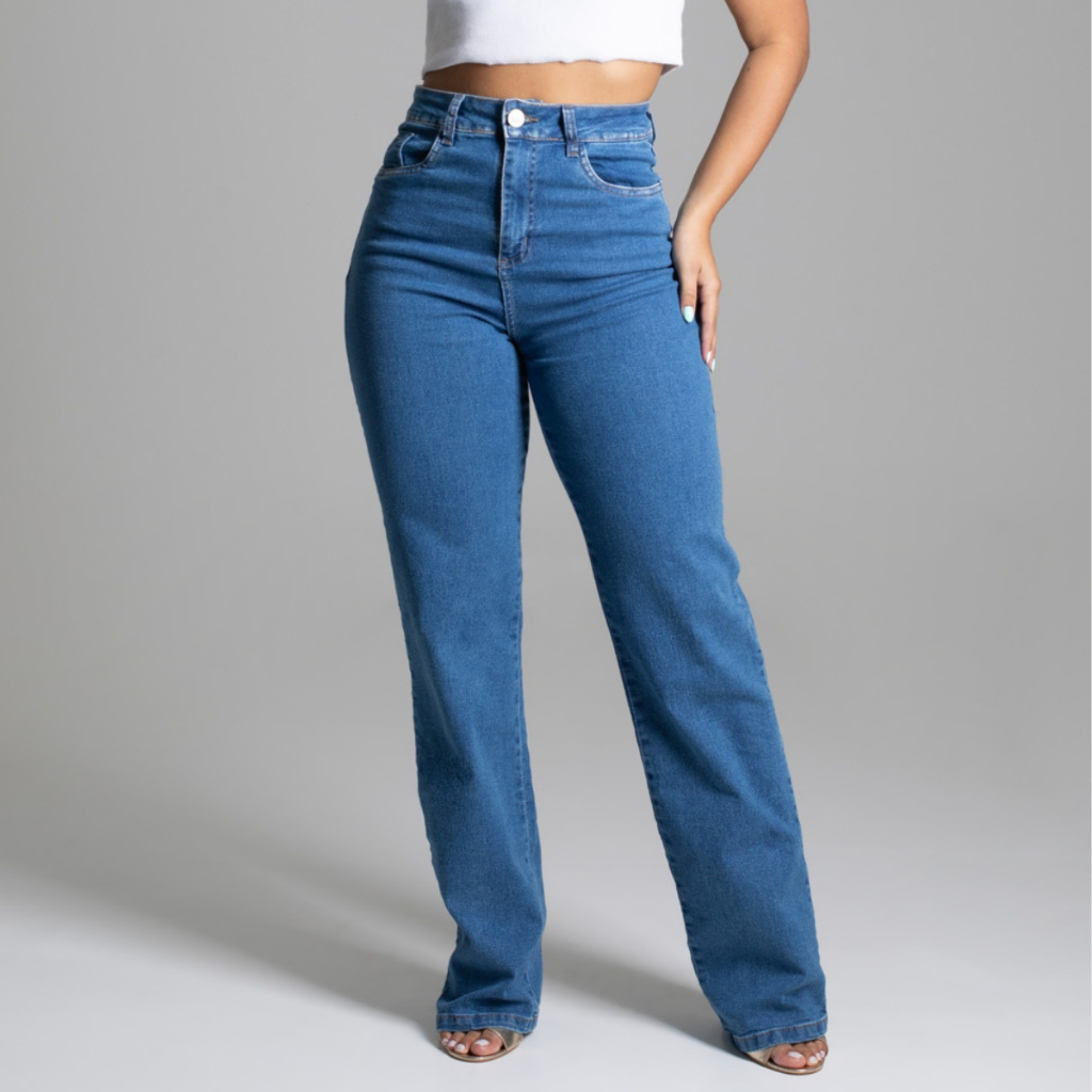 Calça Wide Leg Sawary Jeans Original Elastano Lycra Cintura Alta Moda Feminina Roupas Femi...