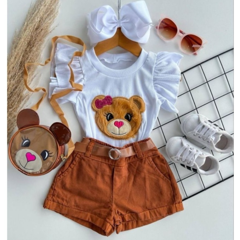 Conjunto infantil jeans menina blogueirinha Ursinha com bolsinha 4 Peças Verão