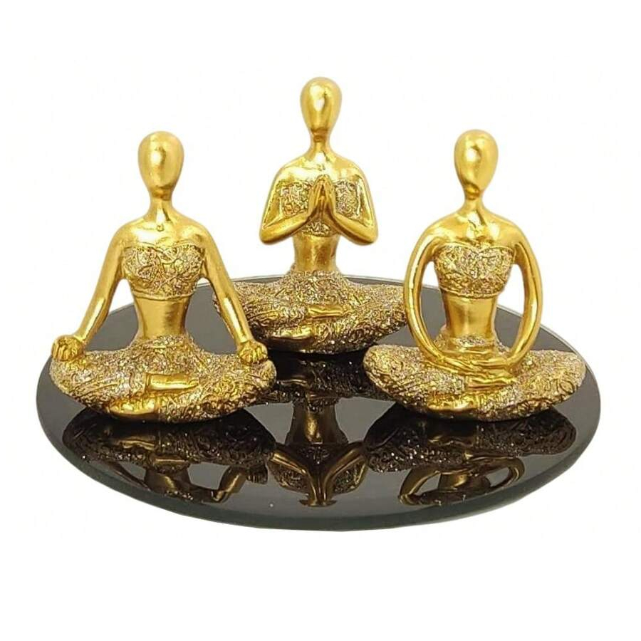 Detalhes do Kit Com 3 Estátuas Enfeite Decorativo Meditação Posições De Yoga 6cm + Bandeja Espelhada