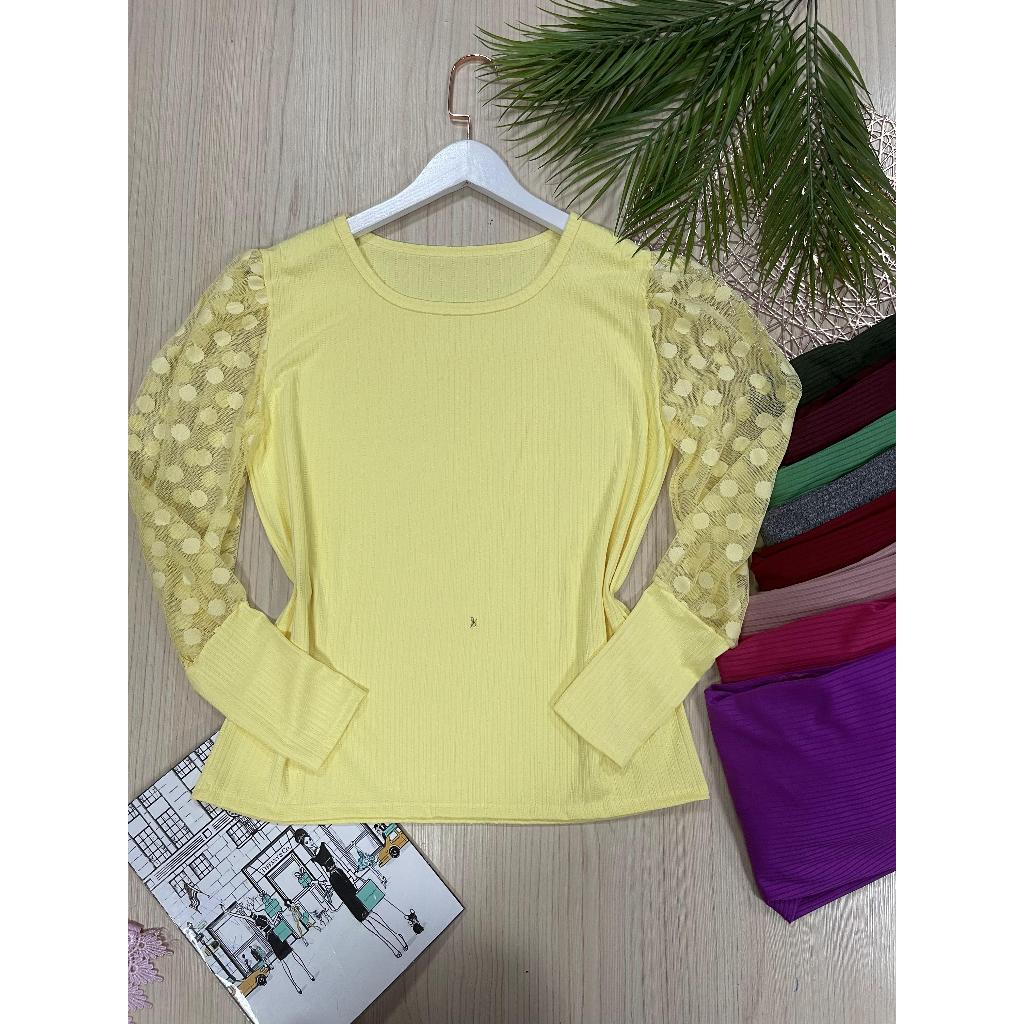 blusa canelada manga tule tecido estica bonito em Oferta na Shopee