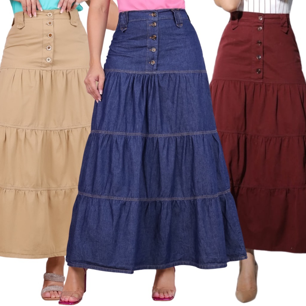 Saia Jeans Feminina Saia Longa 3 Marias Saia Com Botões em Oferta na Shopee