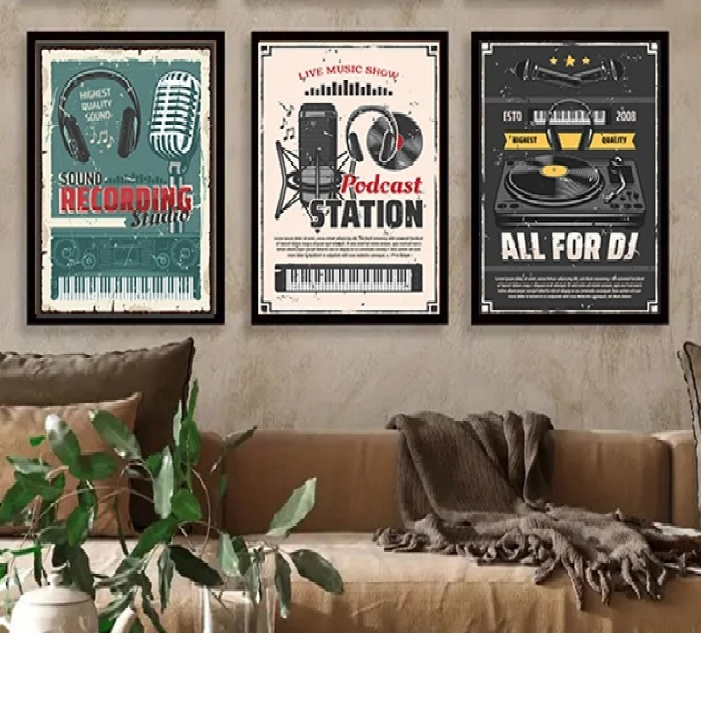 Quadros decorativos Estúdio De Gravação De Música Cartaz Retro, Ilustração De Entretenimento (3 peças)