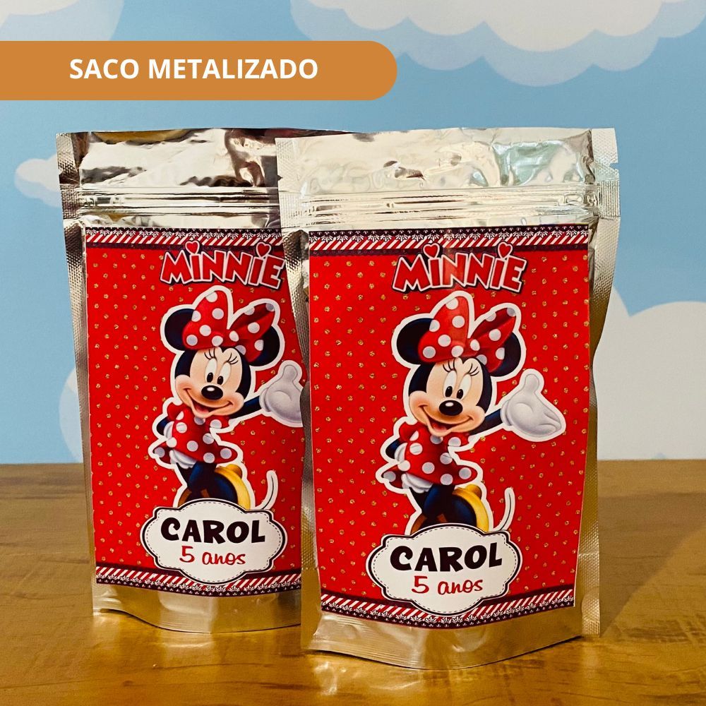 40 Saco Zip Lock Personalizado MINNIE VERMELHA Metalizado Lembrancinha