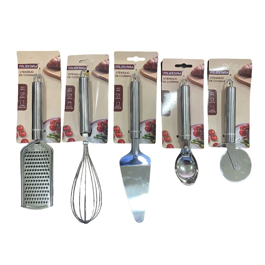 Kit 5 Peças Completa Cozinha Espátula Bolo Batedor De Claras Fuê Fouet Cortador Pizza Colh...