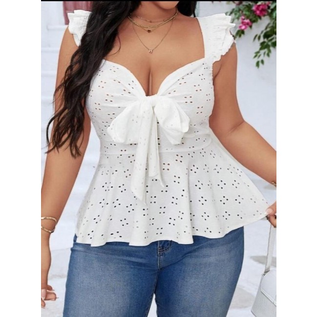 355- Blusa feminina bata malha laise manga regata/babado com laço torax coleção primavera/verão 2025.