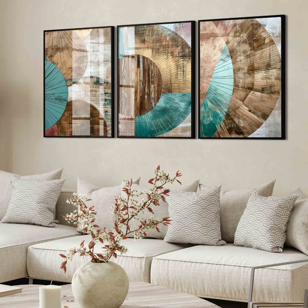kit 3 quadros decorativos abstrato geométrico marrom tons marrons bege boho tons pastéis minimalista com molduras