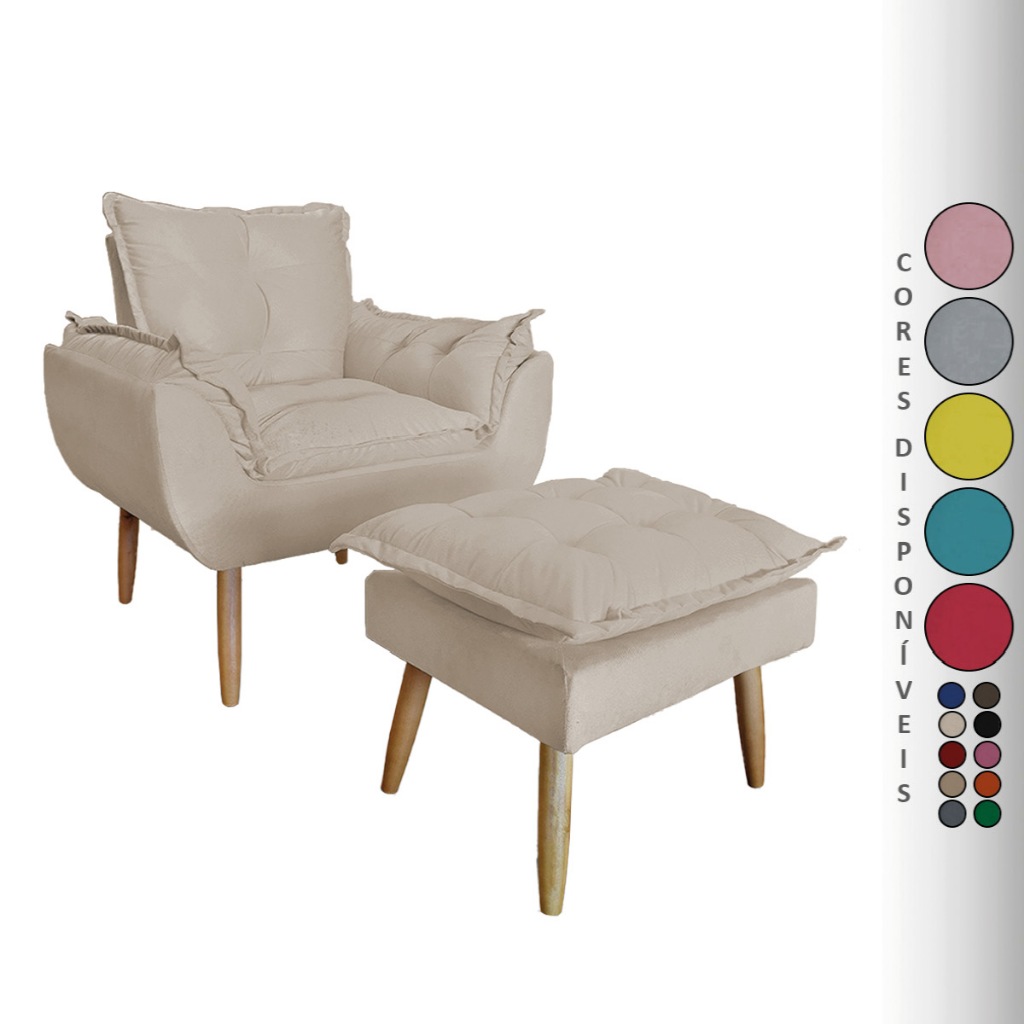 Kit Poltrona Opala para Sala Decorativa Deluxe e Puff Opala Pés Palito Suede