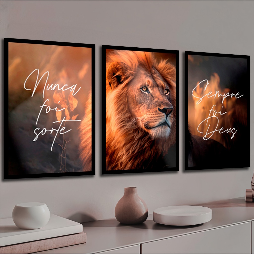 Quadro Decorativos Leão De Judá Fé Frase Nunca Foi Sorte Sala Luxo 3 Peças