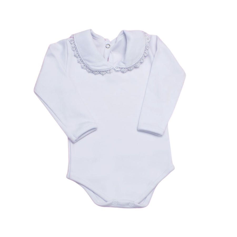 Body Bebê Menina Manga Longa Gola Boneca com Guipir e Pérolas Malha Premium - Body Infantil