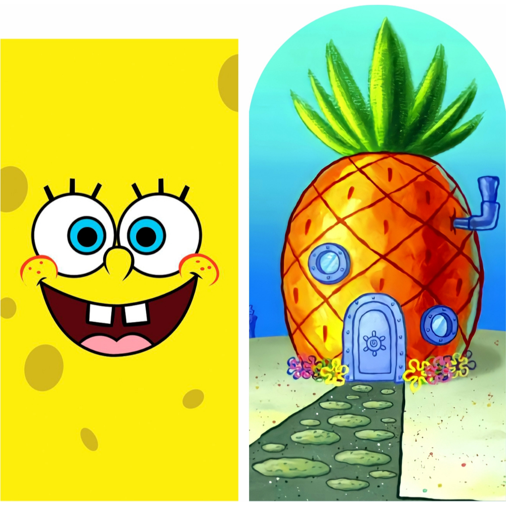KIT PAINEL DE FESTA BOB ESPONJA E CASA ABACAXI - 1 PAINEL VERTICAL 2X1 + 1 PAINEL ROMANO 2X1 - EM TECIDO SUBLIMADO