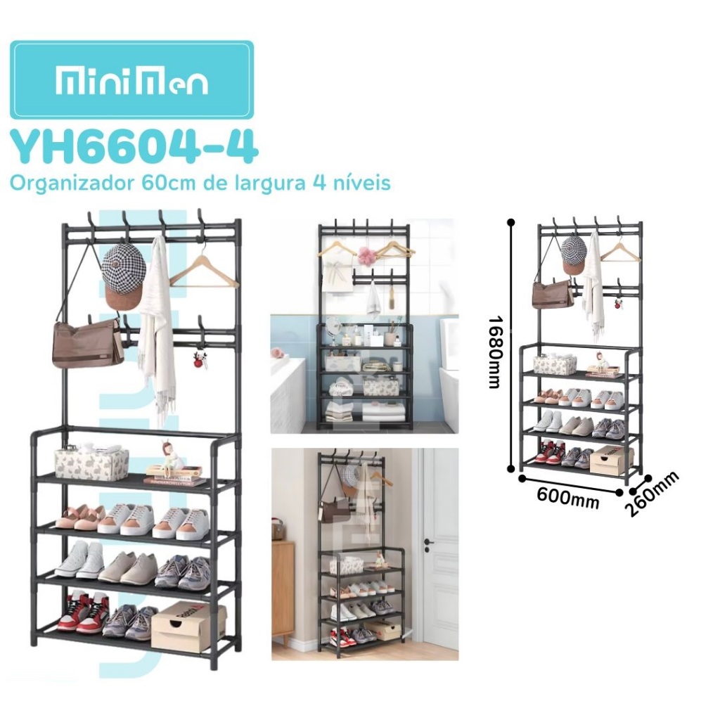 Estante Prateleira Modular Multiuso 4 Andares Rack Organizador Cabideiro 8 Ganchos Suporte YH6604-4