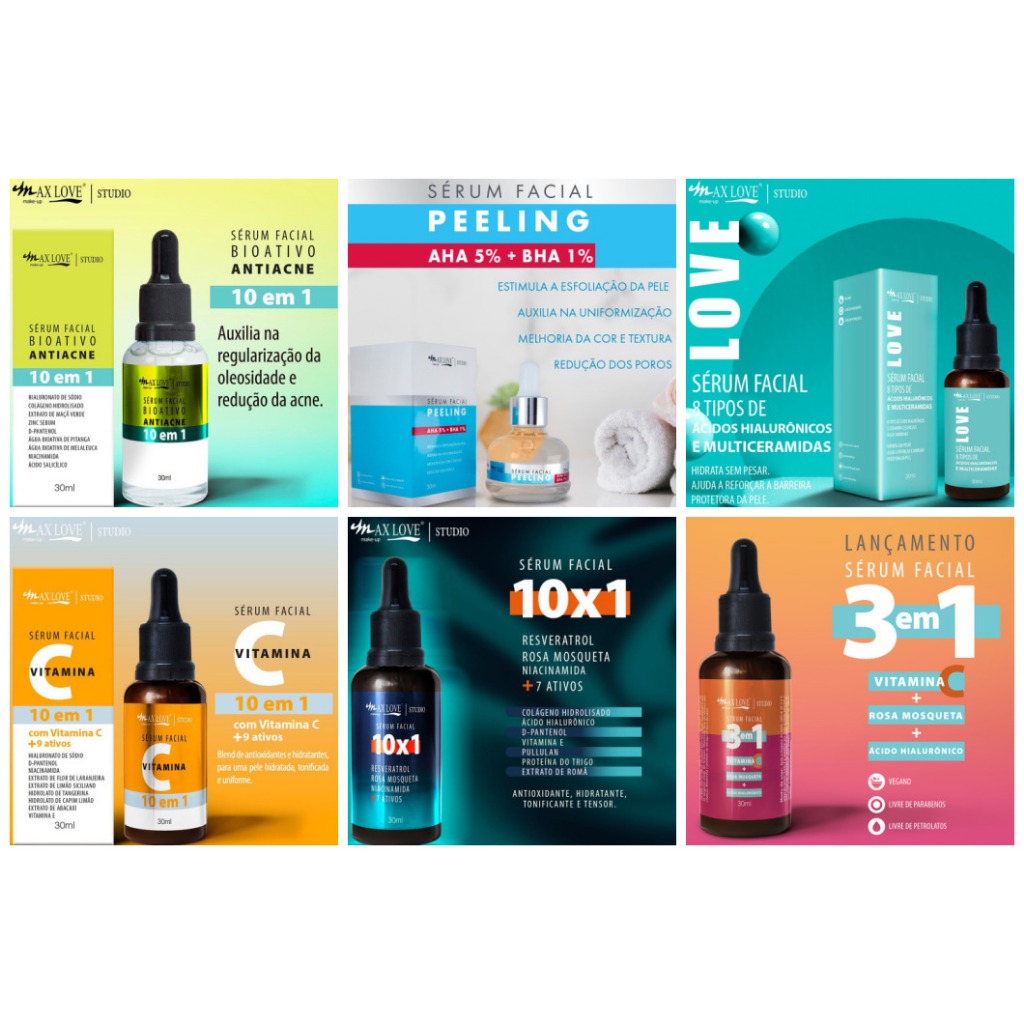 Kit 6 Unid Sérum Facial Max Love Escolha Vit C Rosa Mosqueta Clareador Lifting Colageno Peeling Escolha suas Preferências Atacado Revenda