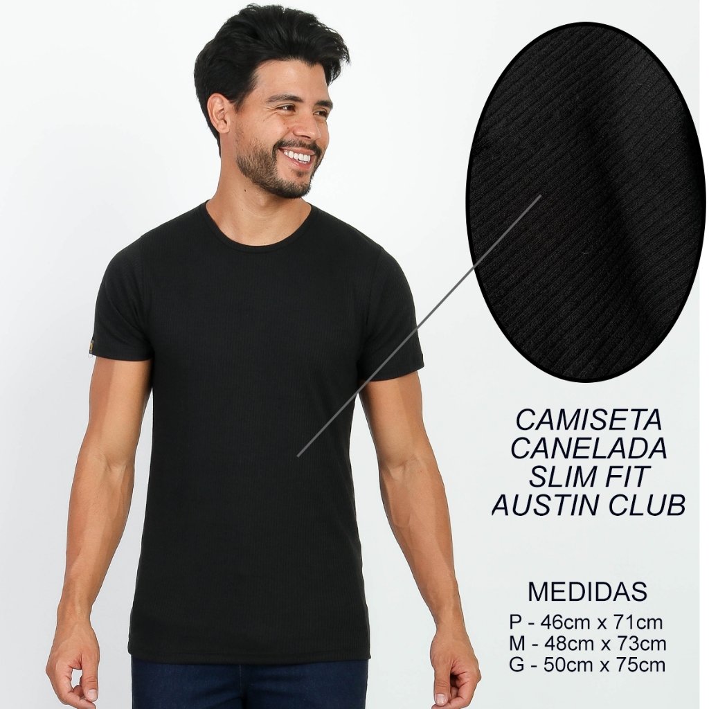 Camiseta Canelada Americana Slim Fit Manga Curta Academia Dia a Dia Masculina Preta Básica Rapper