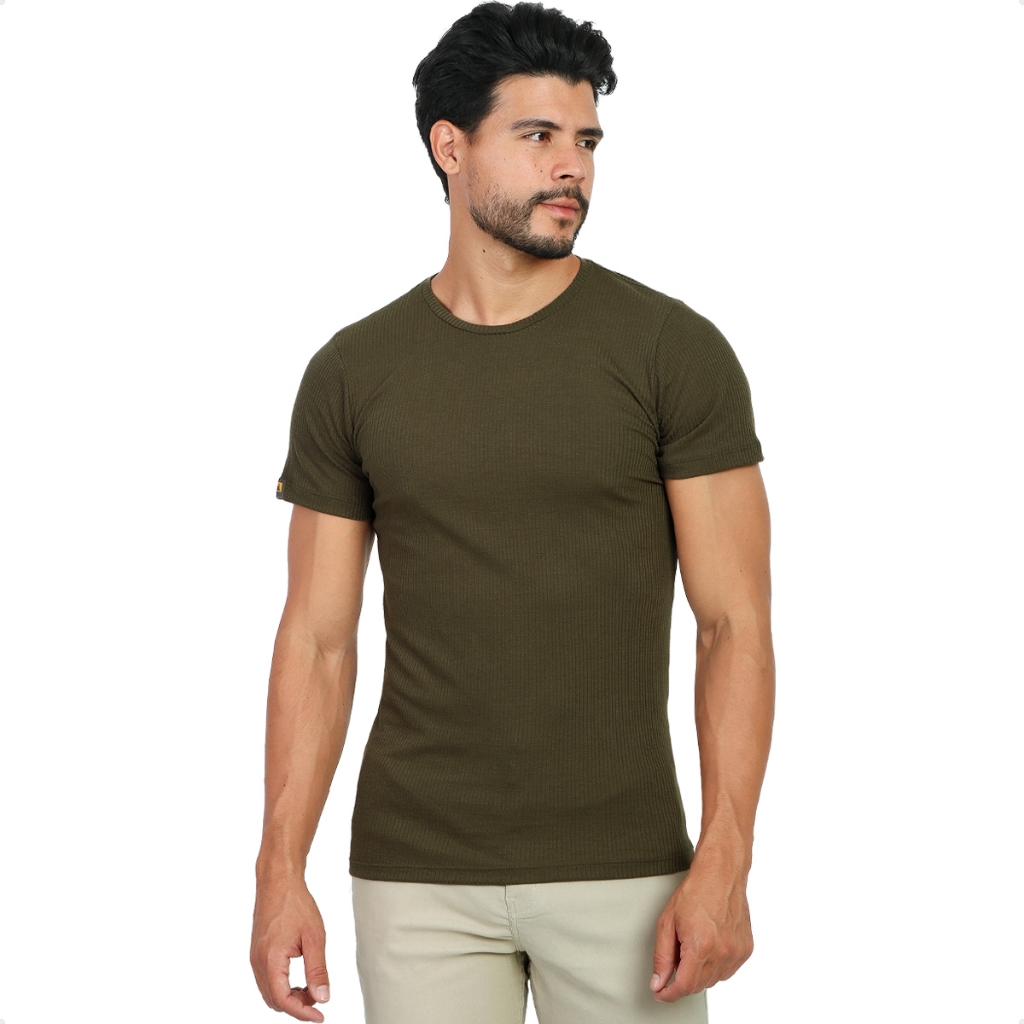 Camiseta Canelada Slim Fit Masculina Estilo Americano Casual Dia a Dia Elastano Verde Premium