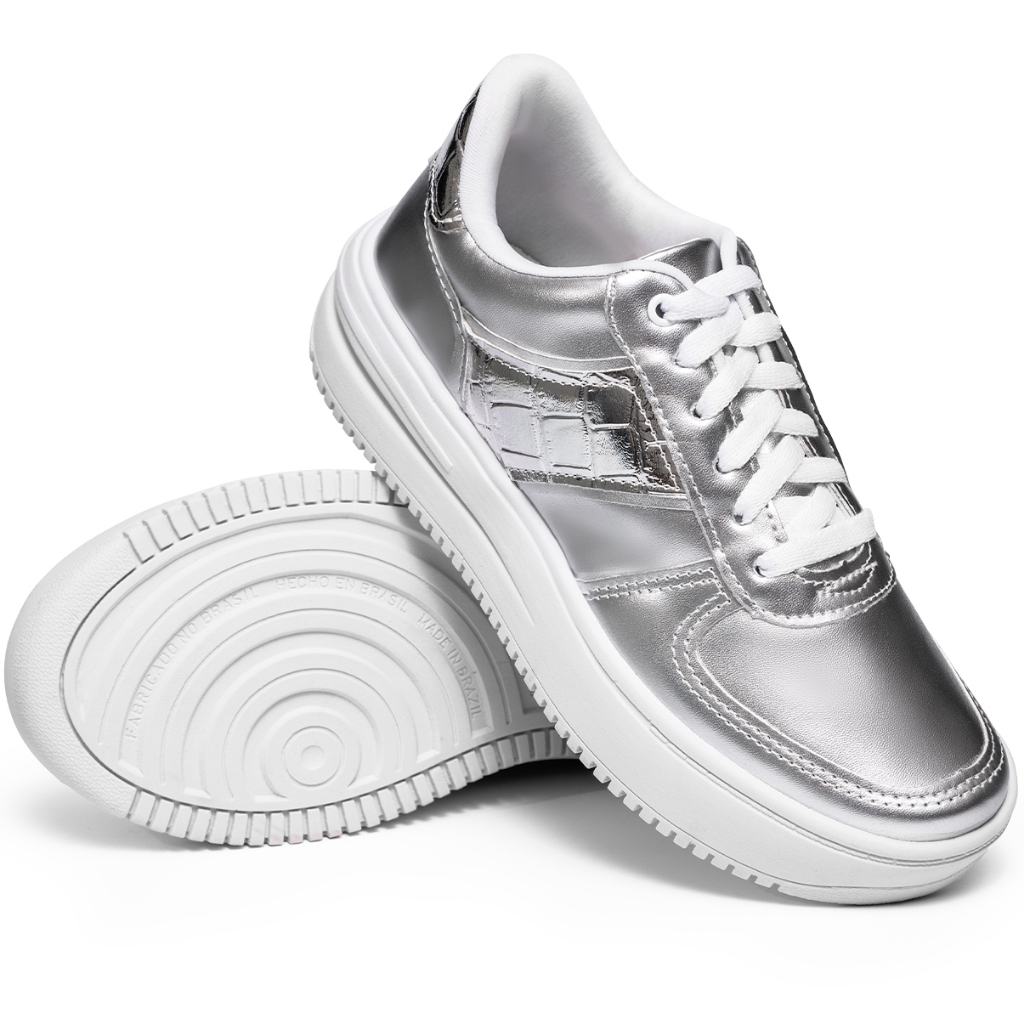 Tênis Feminino Lumiss Flatform Blogueira Casual Confortável Metalizado Prata - Women Shoes