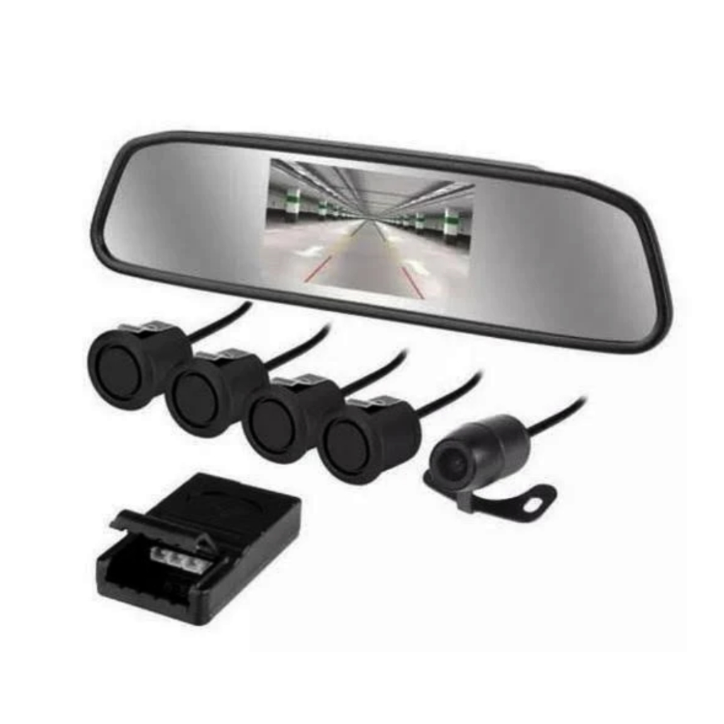 Kit Retrovisor/Monitor Prata C/ Camera de Re e Sensor De Estacionamento - Cinoy