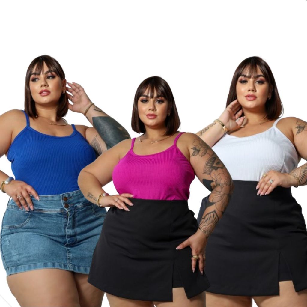 Kit 3 regata Feminina plus size de alcinha blusa básica canelada Regatinha com bojo  Blusas Alça Fina Tendencia Verão Moda Praia