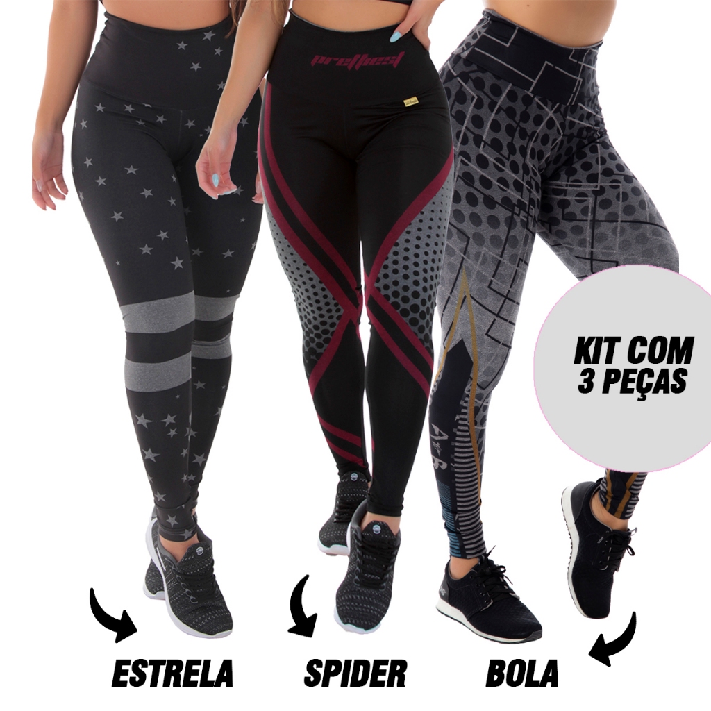 Kit 3 Leggings Femininas Suplex Esportivo Printed 12% elastano Zero Transparência