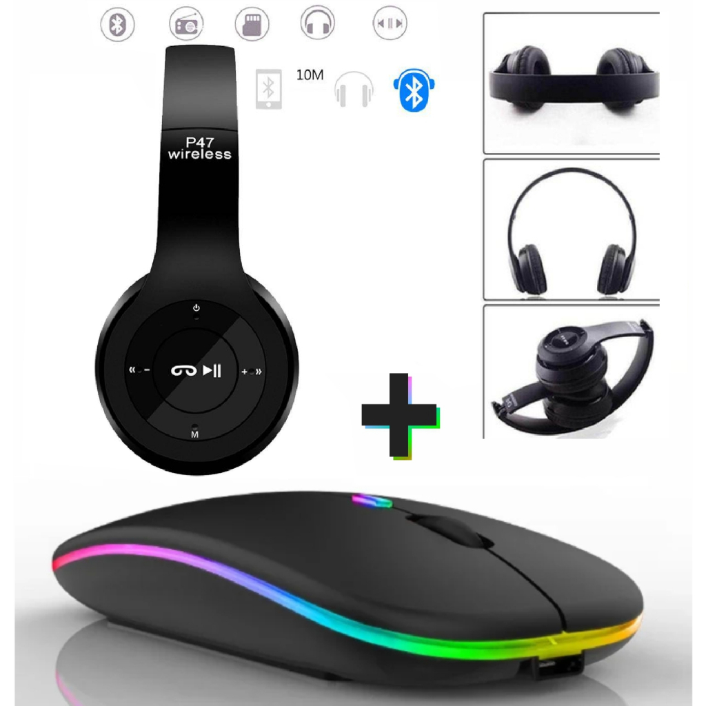 Kit Mouse Rgb Sem Fio + Fone Sem Fio Headset Bluetooth Para Celular Notebook Tablet Pc Kit Gamer