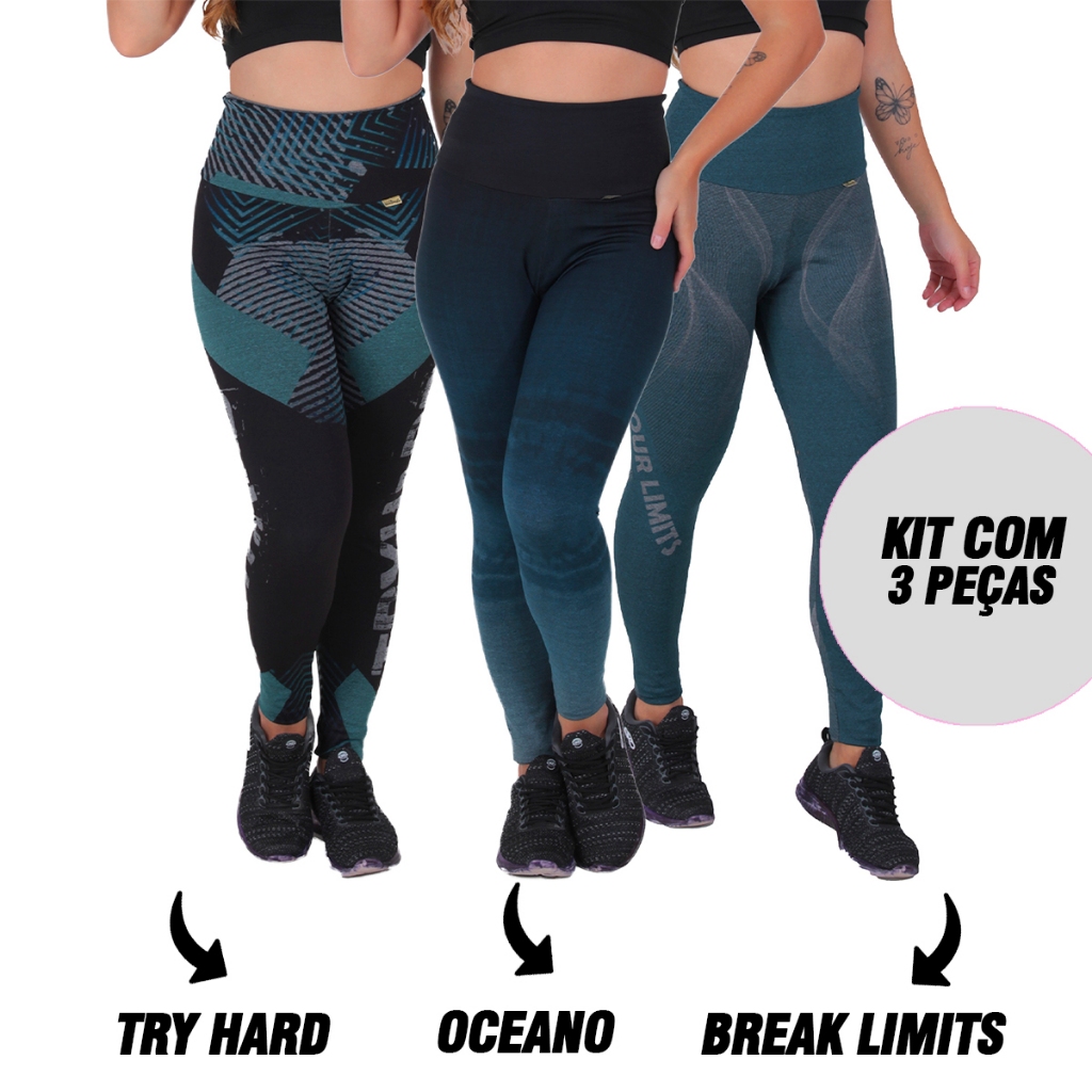 Kit 3 Leggings Femininas Suplex Printed 12% elastano Sem Transparência