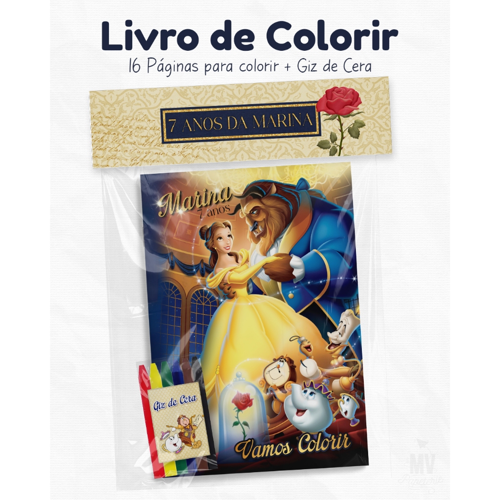 Kit de Colorir - Livro de Colorir Personalizado - A Bela e a Fera - Lembrancinha Personalizada