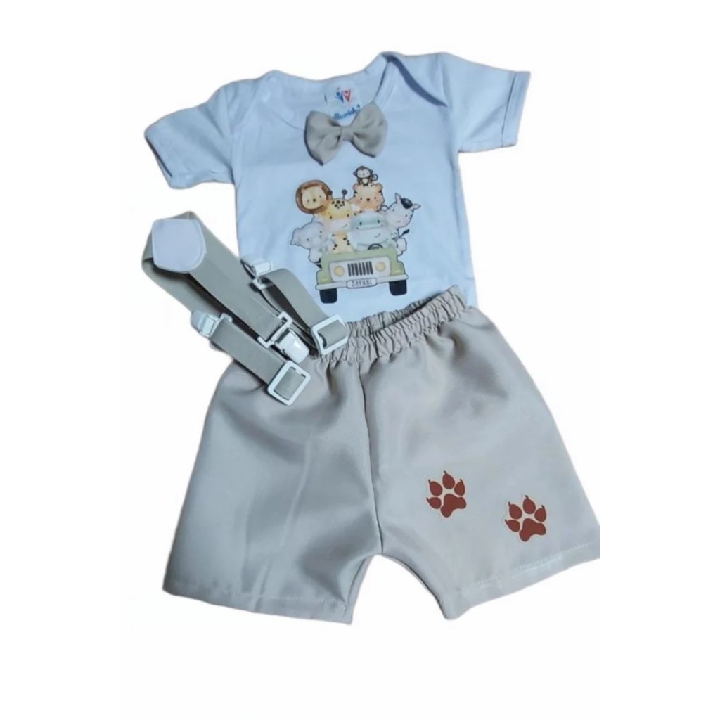 Conjunto Roupa de Festa Aniversário Safari Infantil P/ Menino Mesversário 3 Peças Body, Short e Suspensório M 3-6 meses