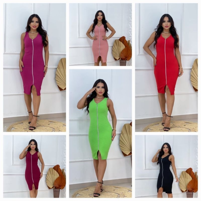 Vestido Midi Anarruga Com Zíper Frontal e Fenda Gola V