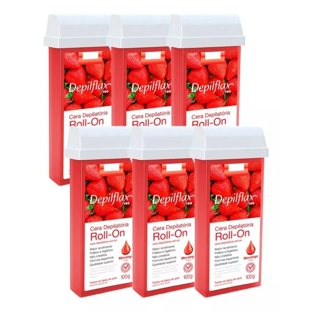Kit 6 Cera Depilatória Roll On Refil Morango ou Natural Depilflax 100g