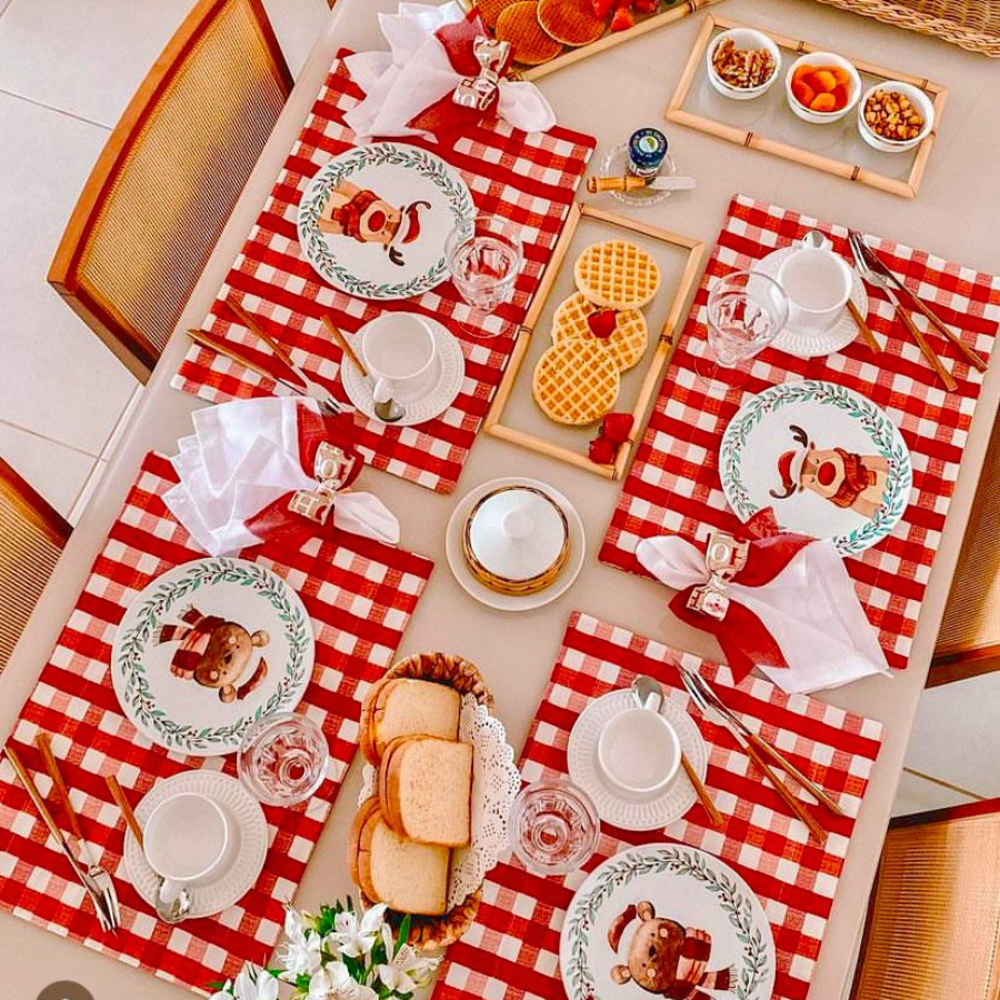 Kit Jogo Americano Natal 12 Lugares Decoração Mesa Natalina Xadrez Vermelho Enfeite Mesa P...