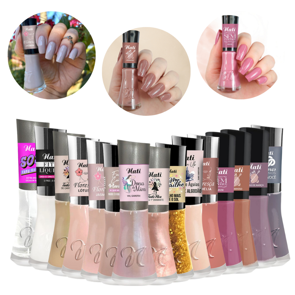 Kit 15 Esmaltes Nati Tons Nude Rose Cores Clássicas Moda Tendência Coleção Manicure Pedicure