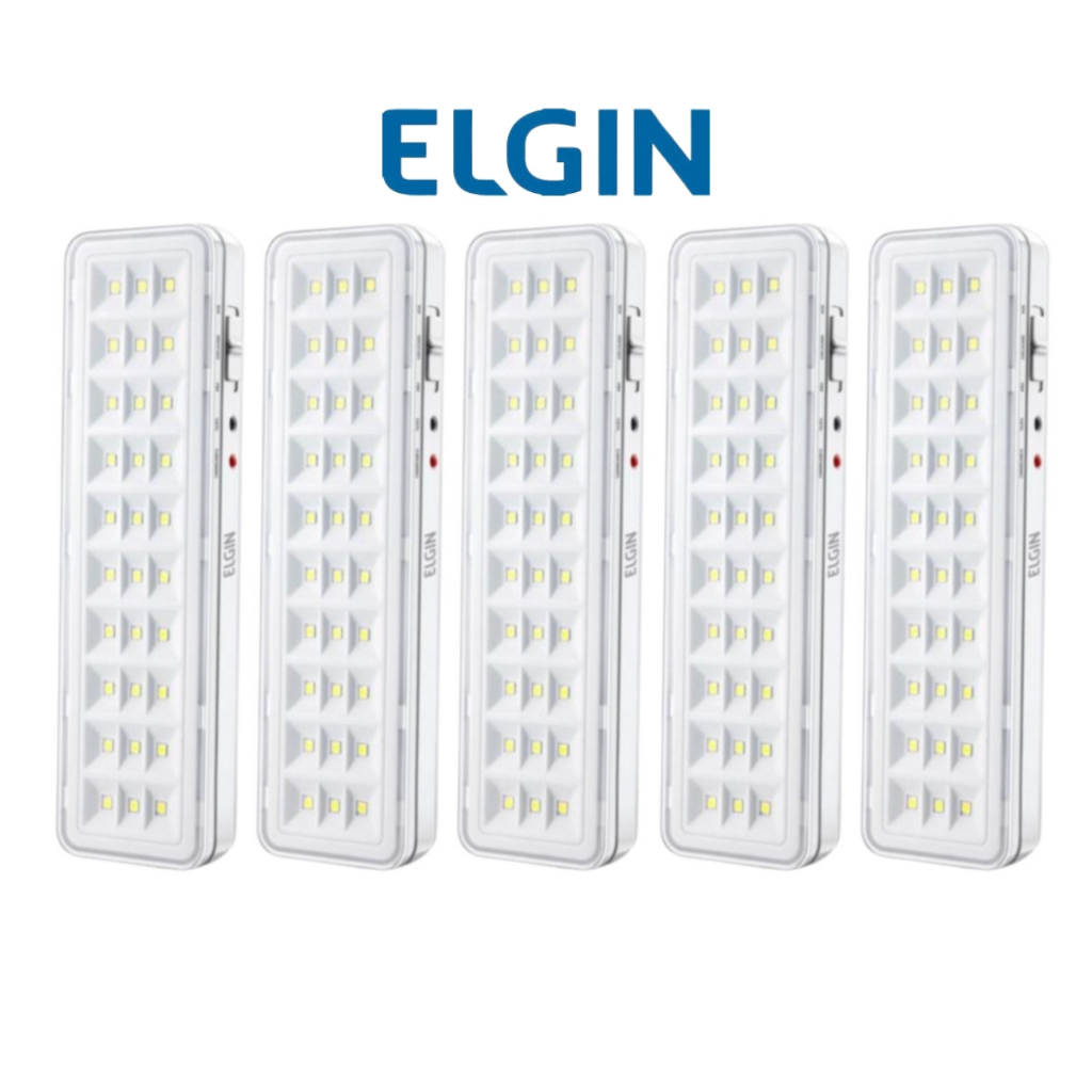 Kit 5un Luminária de Emergência Elgin 30 LEDs 2W Recarregável Bivolt Luz Emergencial 110/220V Fria