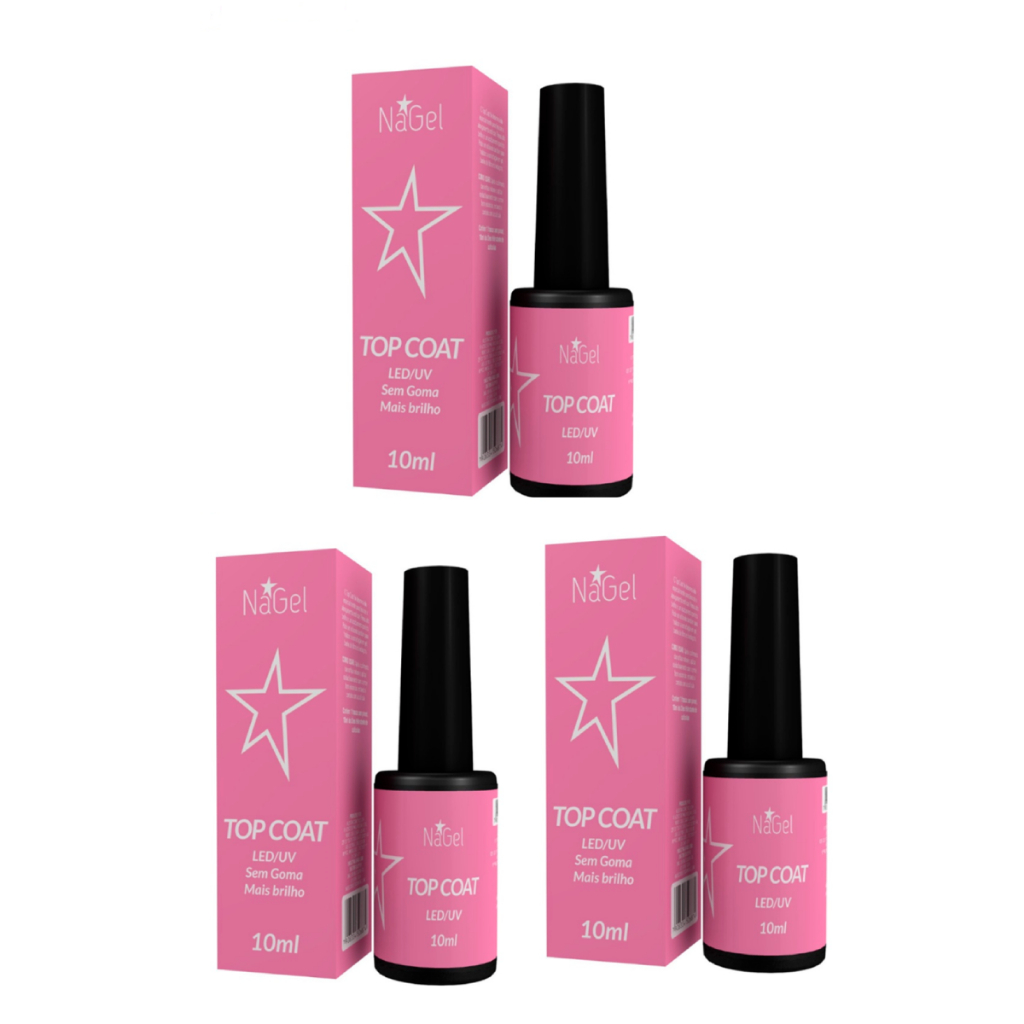 3 Top Coat Nagel 10ml - Unha Gel Acrigel Selante Fixador - Profissional Seca em Cabine Led/Uv