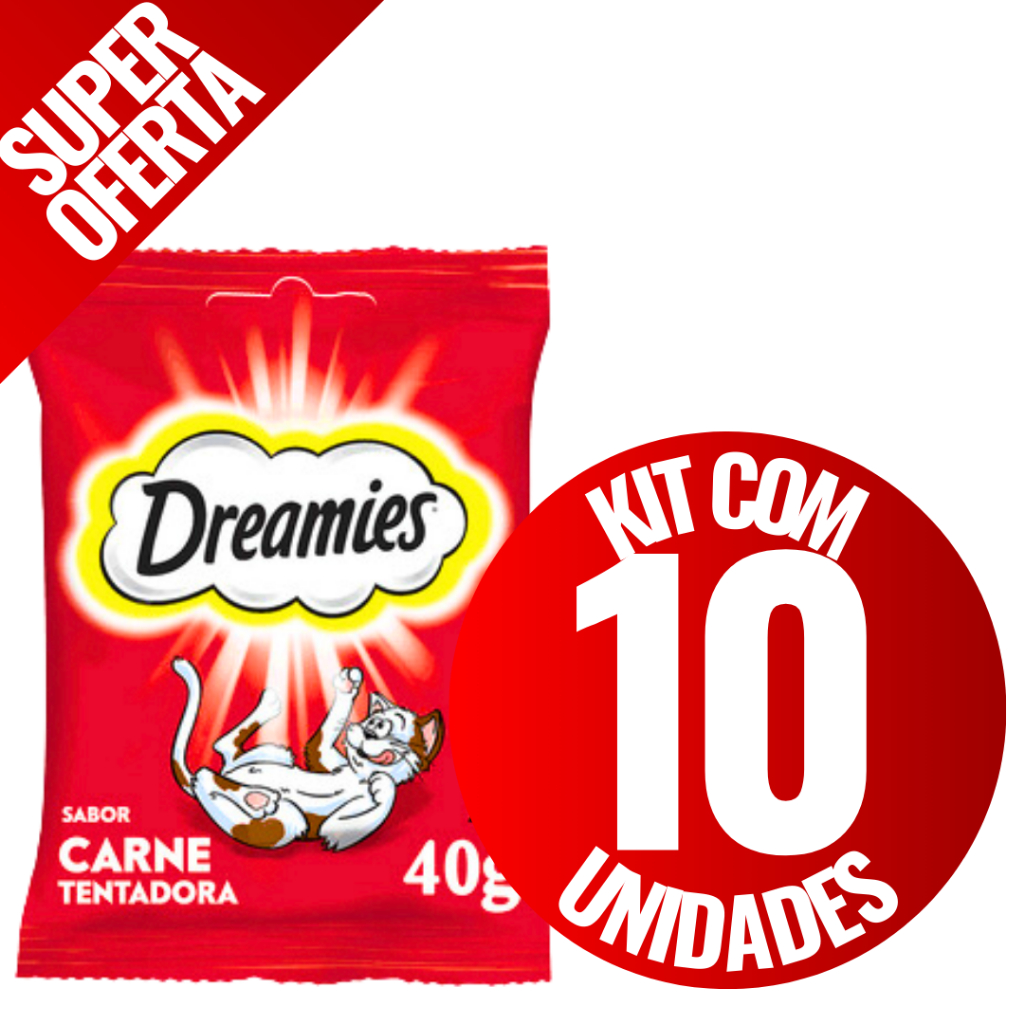 Kit 10 Petiscos Dreamies Gatos Carne 40g Snack Crocante Recheado Alta Palatabilidade