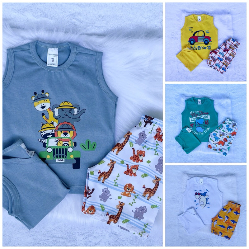 Conjunto Infantil Masculino De Verão Temático (2 Regatas + 1 Bermuda) ☀️