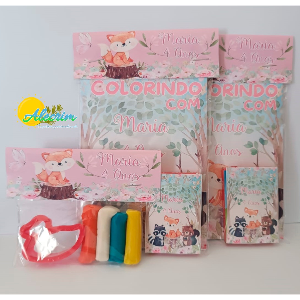Mini kit para colorir Bosque Encantado Aquarela tamanho 18x10cm (pequeno) personalizado com massinha lembrancinha