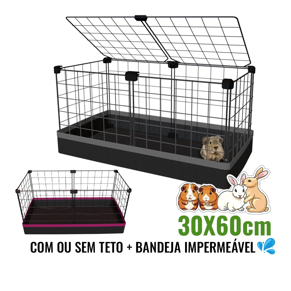 Cercado para Porquinho da Índia 30x60cm com Bandeja Higiênica Impermeável Jabuti e Coelho Telas Aramadas