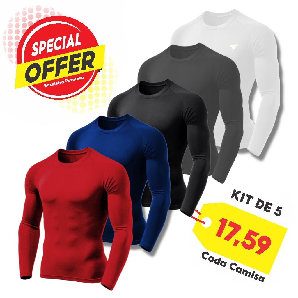 KIT 5 Camiseta de compressão térmica Segunda Pele masculina manga longa Lisa Proteção Uv Unissex