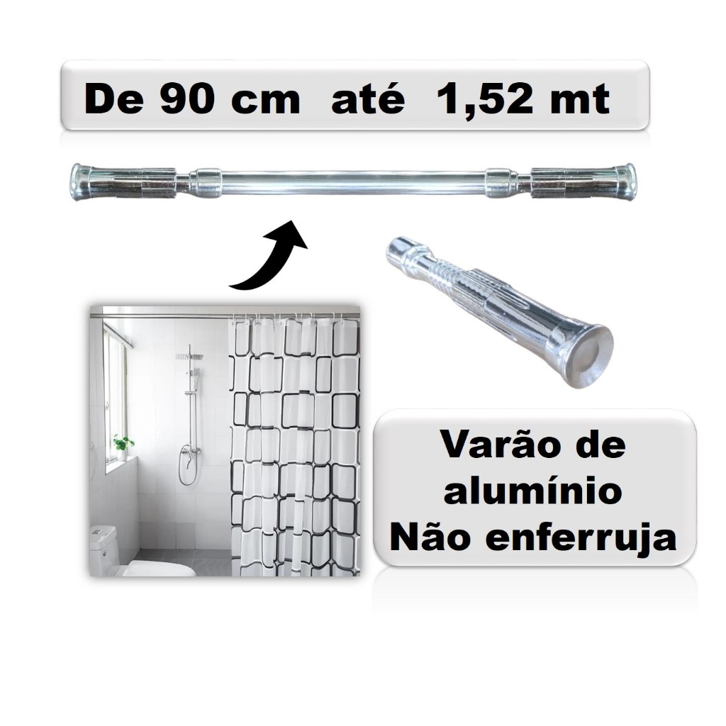 Varão de alumínio extensível de 90 cm até 1,52 mts para cortinas de box de banheiro pia de cozinha