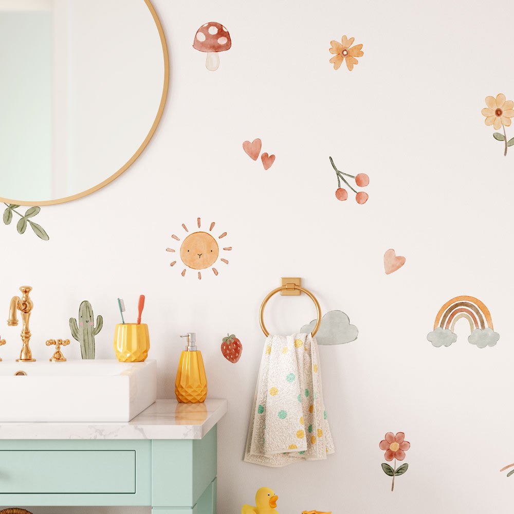 Adesivos de Parede Infantil Boho Aquarela: Sol, Cacto, Flores, Nuvem, Sol, Estrelas e Cogumelos em Oferta na Shopee