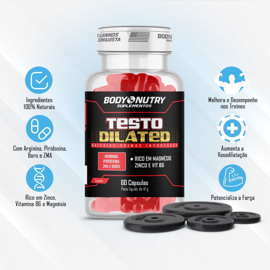 Detalhes do Testo Dilated c ARGININA, 60 cáps + GII (Zinco, Magnésio, e Acido Málico - ZMA), 90 cáps